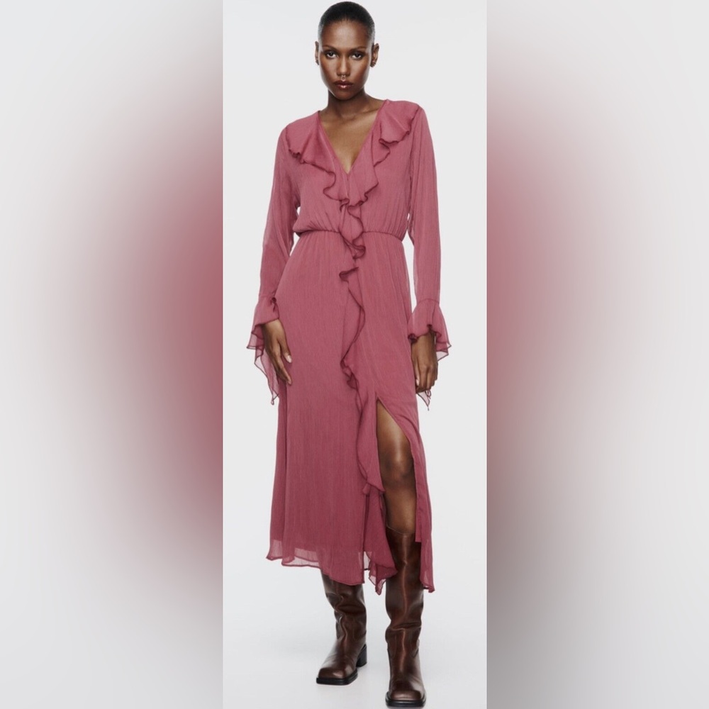 ZARA georgette ruffled midi dress size extra small